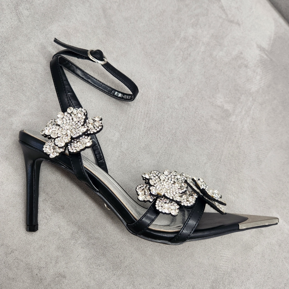 Azalea Wang Dress Sandals 9 Black Leather Njema Beaded Flowers Pointy New $100 - Picture 8 of 16
